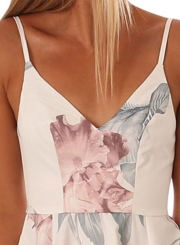 Fashion Asymmetric Floral Printed Spaghetti Strap V Neck Back Zip Dress