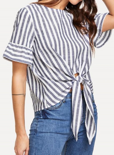 Summer Casual Striped Round Neck Short Sleeve Knot Loose Blouse YOUYOUFASHIONEC.com