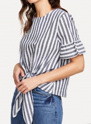 Summer Casual Striped Round Neck Short Sleeve Knot Loose Blouse
