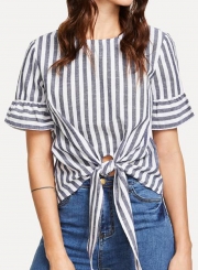 Summer Casual Striped Round Neck Short Sleeve Knot Loose Blouse