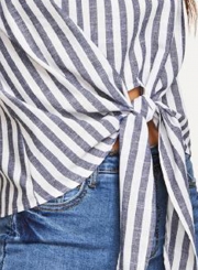 Summer Casual Striped Round Neck Short Sleeve Knot Loose Blouse