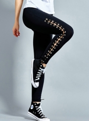 Fashion Sexy Slim Lace-Up Hollow Out Solid Sports Leggings