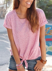 Summer Casual Solid Short Sleeve Round Neck Lace-Up Loose Tee