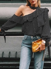 Casual Polka Dots Halter One Shoulder Long Sleeve Cuff Tie Loose Blouse