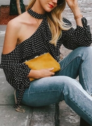 Casual Polka Dots Halter One Shoulder Long Sleeve Cuff Tie Loose Blouse