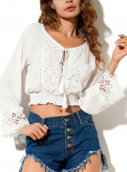 Casual Round Neck Long Sleeve Hollow Out Loose Solid Crop Top
