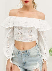 Summer Sexy Off The Shoulder Crop Top Long Sleeve Hollow Out Blouse