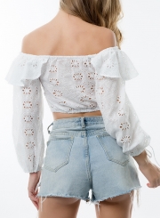 Summer Sexy Off The Shoulder Crop Top Long Sleeve Hollow Out Blouse