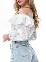 Summer Sexy Off The Shoulder Crop Top Long Sleeve Hollow Out Blouse