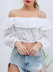 Summer Sexy Off The Shoulder Crop Top Long Sleeve Hollow Out Blouse