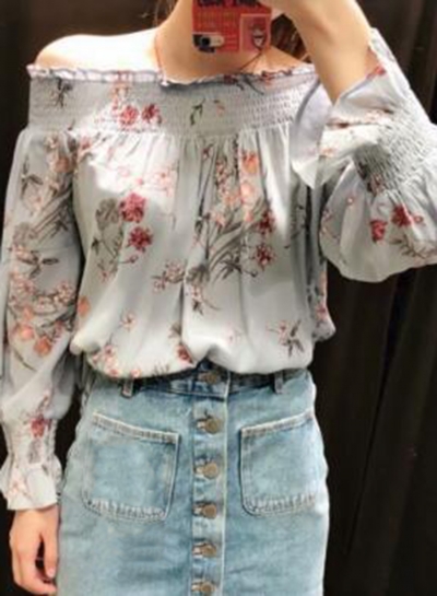 Casual Sexy Floral Printed Off The Shoulder Long Sleeve Loose Blouse YOUYOUFASHIONEC.com