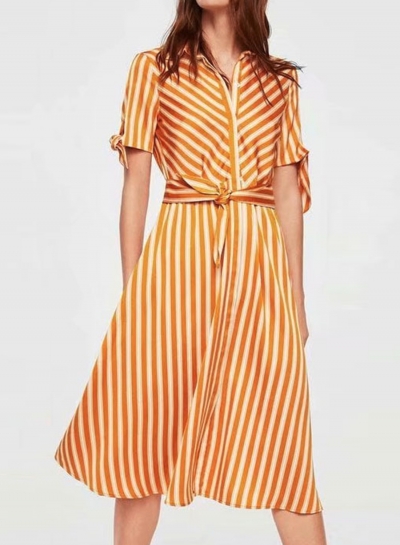 Casual Striped Short Sleeve Turn Down Collar Button Down Dress With Tie LEXELFASHIONINTSHOPS.com