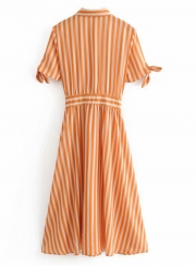 Casual Striped Short Sleeve Turn Down Collar Button Down Dress With Tie