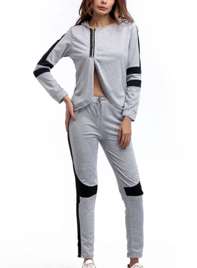 2 Piece Casual Long Sleeve Zip Slit Hoodie Drawstring Pants Sports Set