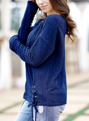 Casual Long Sleeve Lace-Up Round Neck Loose Pullover Knit Tee