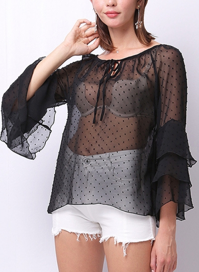 Summer Casual Round  Neck Flounce Sleeve Loose Transparent Blouse YOUYOUFASHIONEC.com