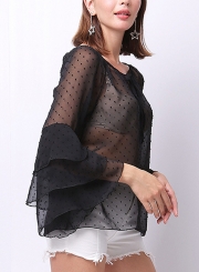 Summer Casual Round  Neck Flounce Sleeve Loose Transparent Blouse