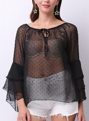 Summer Casual Round  Neck Flounce Sleeve Loose Transparent Blouse