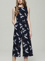 Summer Fashion Printed Sleeveless Round Neck Waist Tie Wide Leg Jumpsuit