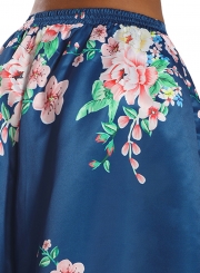Coral Floral Elegant Flared Elastic Waist Maxi Skirt