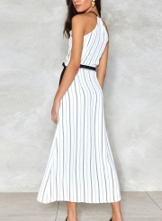 Sexy Striped Spaghetti Strap V Neck Crop Top Bow Tie Slit Dress