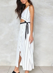 Sexy Striped Spaghetti Strap V Neck Crop Top Bow Tie Slit Dress