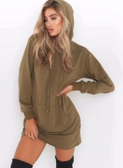 Casual Loose Hooded Long Sleeve Solid Sports Hoodie Dress