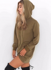 Casual Loose Hooded Long Sleeve Solid Sports Hoodie Dress