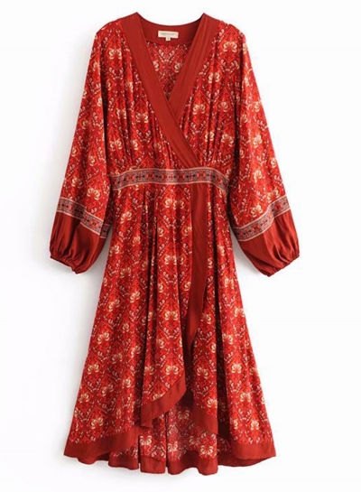 Fashion Boho Floral V Neck Lantern Sleeve High Low Pullover Dress YOUYOUFASHIONEC.com