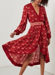 Fashion Boho Floral V Neck Lantern Sleeve High Low Pullover Dress