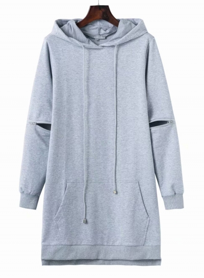 Casual Loose Hooded Long Sleeve Zip Solid Pockets Pullover Hoodie Dress YOUYOUFASHIONEC.com