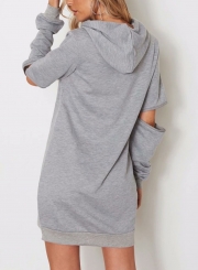 Casual Loose Hooded Long Sleeve Zip Solid Pockets Pullover Hoodie Dress