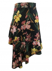 Fashion Vocation Floral Printed Elastic Wasit Irregular Slit Skirt