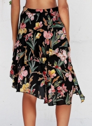 Fashion Vocation Floral Printed Elastic Wasit Irregular Slit Skirt