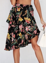 Fashion Vocation Floral Printed Elastic Wasit Irregular Slit Skirt