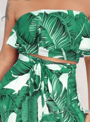 Fashion Printed Chest Wrapped Ruffle Crop Top Waist Tie Wide Leg Pants Set