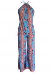 Casual Floral Printed Sleeveless Backless Straight Wide Leg Jumpsuit