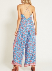 Casual Floral Printed Sleeveless Backless Straight Wide Leg Jumpsuit