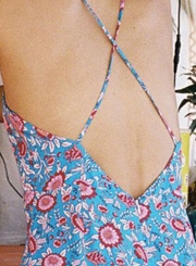 Casual Floral Printed Sleeveless Backless Straight Wide Leg Jumpsuit