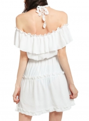 Fashion Sexy Halter Off The Shoulder Backless Solid Ruffle Dress