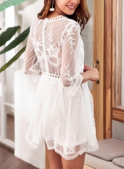 Casual 3/4 Sleeve V Neck High Waist Lace Hollow Out A-line Dress