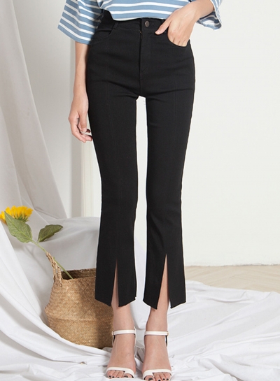 Casual Solid High Waist Pockets Slit Bell-Bottom Pants YOUYOUFASHIONEC.com