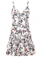 Fashion Floral Print Spaghetti Strap V Neck High Waist  A-line Mini Dress