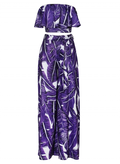 Fashion Printed Chest Wrapped Ruffle Crop Top Waist Tie Wide Leg Pants Set YOUYOUFASHIONEC.com