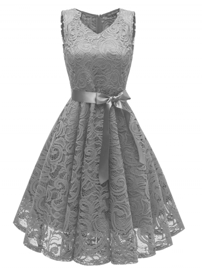 Elegant Lace Waist Tie Sleeveless V Neck Swing Midi Dress With Zip STYLESIMO.com