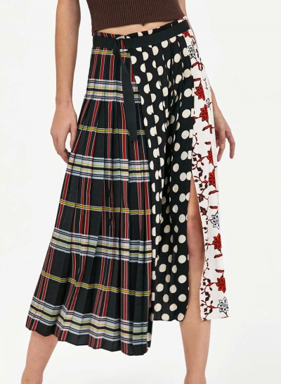 Casual Spliced Floral Print Polka Dots High Waist Slit Pleated Skirt