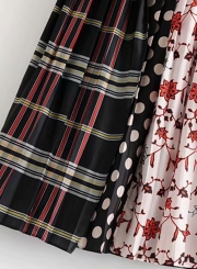 Casual Spliced Floral Print Polka Dots High Waist Slit Pleated Skirt