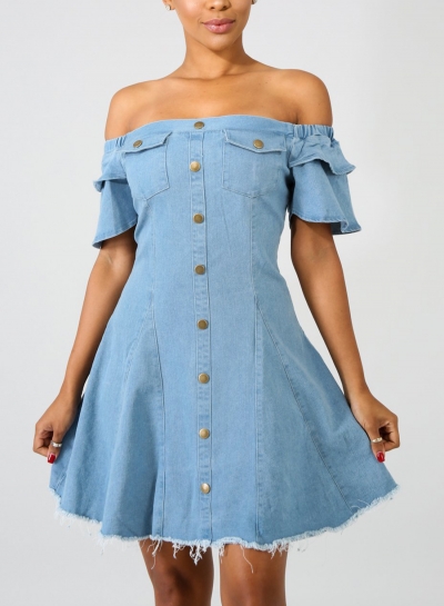 Casual Sexy Off The Shoulder Short Sleeve Single-Breasted Denim Dress STYLESIMO.com