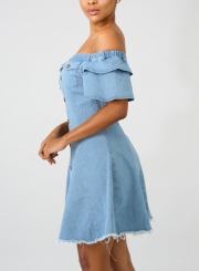 Casual Sexy Off The Shoulder Short Sleeve Single-Breasted Denim Dress