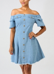 Casual Sexy Off The Shoulder Short Sleeve Single-Breasted Denim Dress